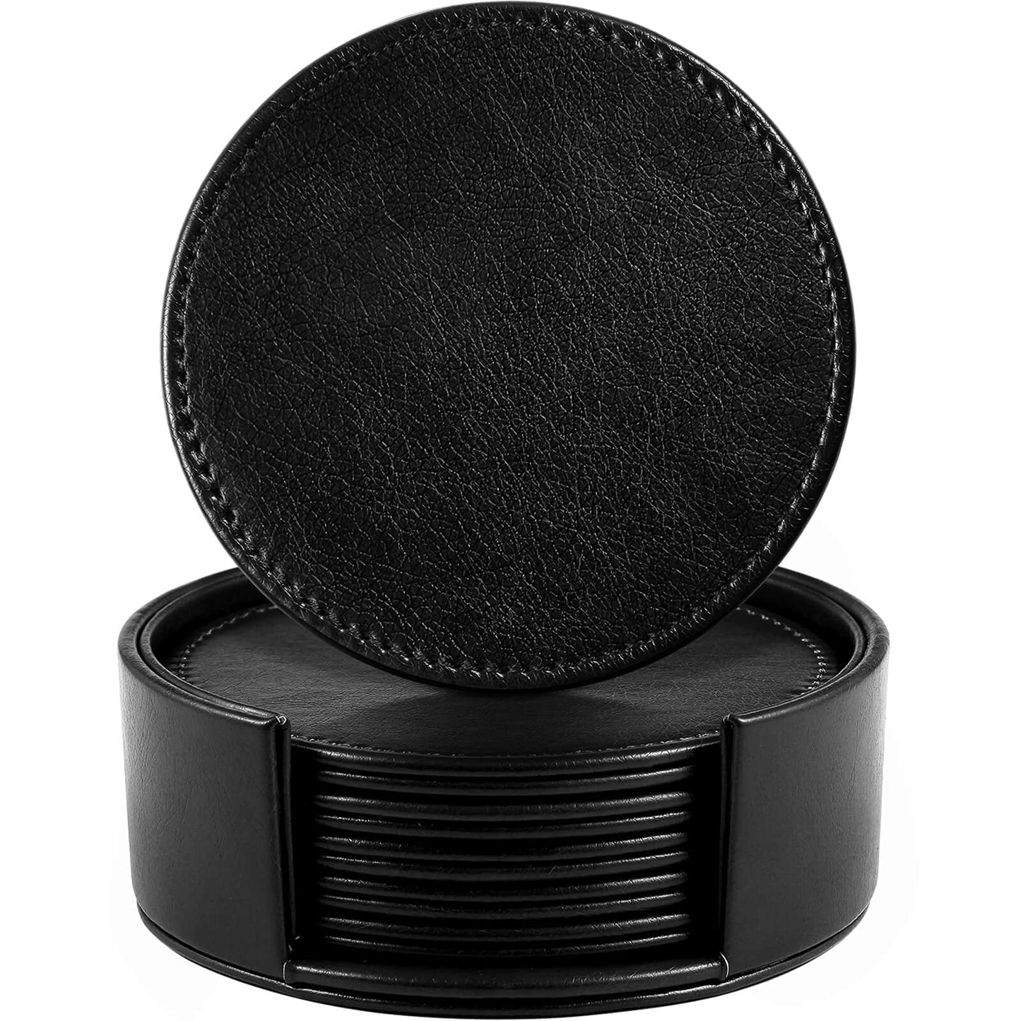 LAMOTI Leather Coasters for Drinks, 4" Drink Coasters Set of 6 with Holder for Tabletop Protection, Handmade Luxurious Home Décor and Housewarming Gift (Black)