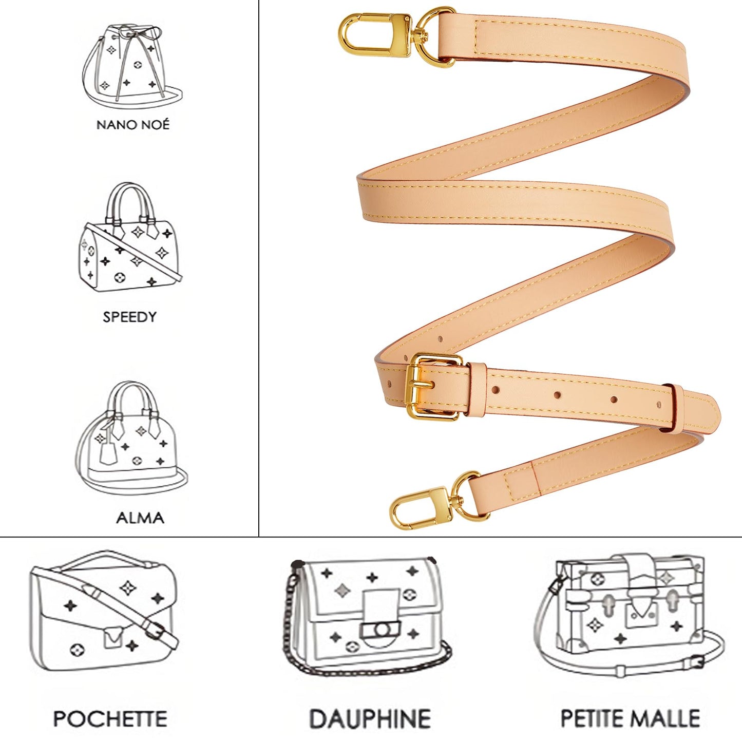 YAZHIMI Vachetta Leather Purse Strap Genuine Leather Adjustable Replacement Strap for Shoulder Bag Handbag Purse (Beige-Leather Purse Strap)