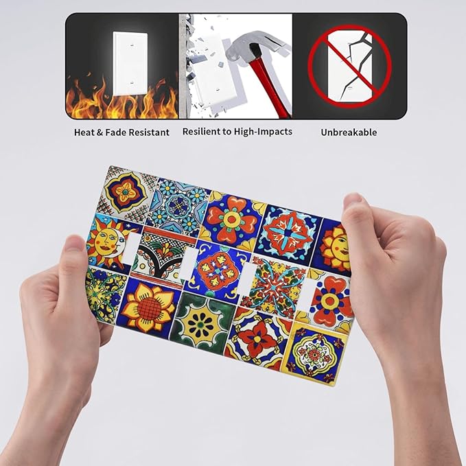 Traditional Colorful Talavera Mexican Spanish Moroccan Tiles Quad Gang Toggle Light Switch Cover 4-Gang Wall Plates Decorative Electrical Switchplate for Home Bedroom Art Decorate