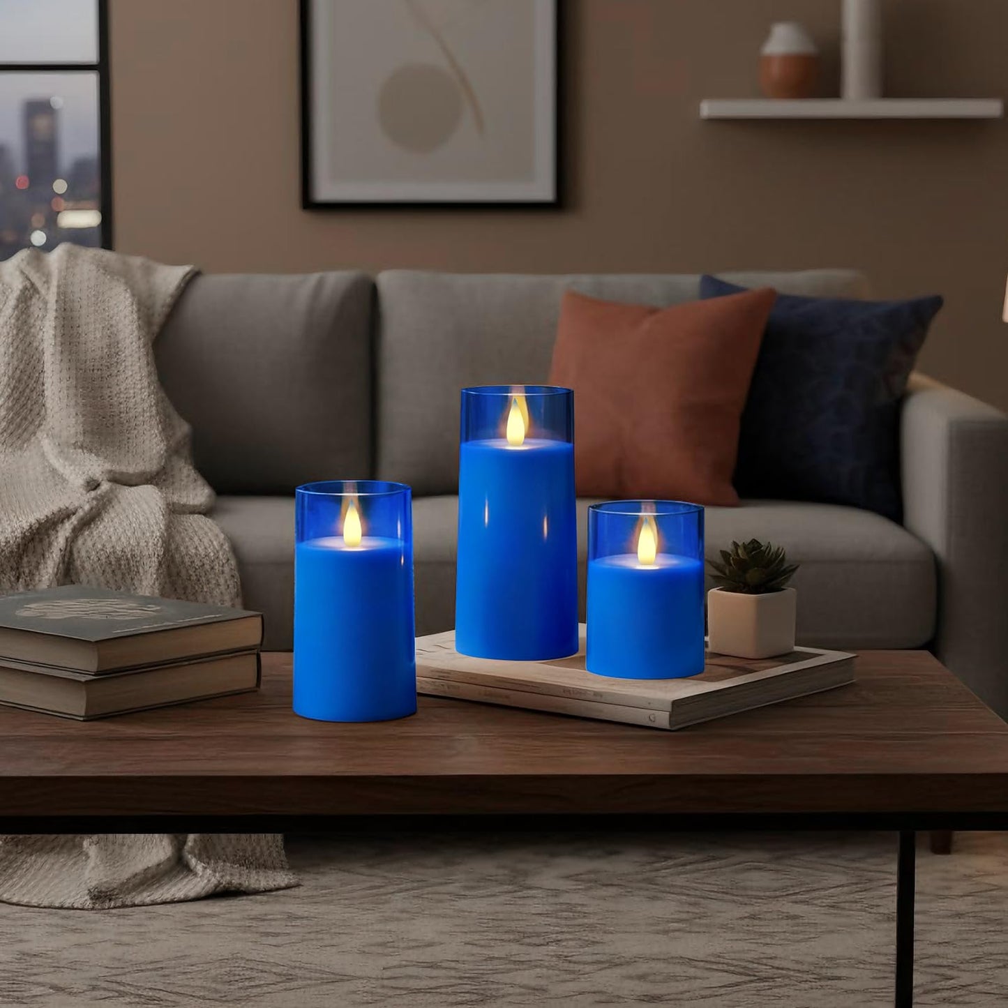 Raycare Flameless Electronic Pillar Candles with Remote Control and Timer- Battery Operated Realistic Flickering LED Fake Candle for Home, Wedding, Valentine's Day Decor,Blue,Set of 3(3"x4"5" 6")