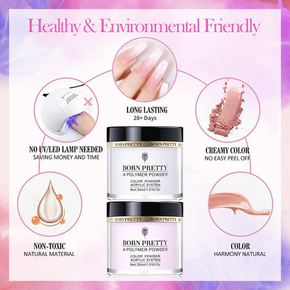 BORN PRETTY Acrylic Nail Kit - Acrylic Powder (Clear, White, Pink) & Liquid Set with Nail Forms, Brush Pen, File & Glass Container - Beginner Friendly