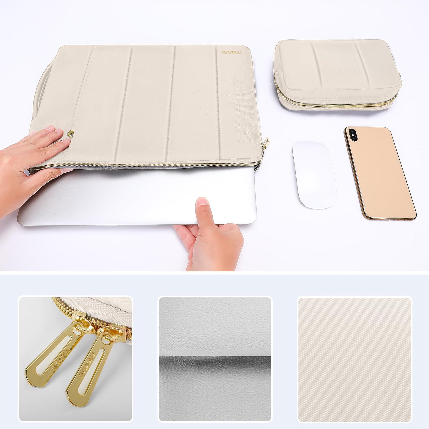 MOSISO 13-14 inch Laptop Case, 13.3 inch Puffy Laptop Sleeve Compatible with MacBook Air 13.6 M5 M4 M3 M2 M1/Neo/Pro 13/14,HP Dell ASUS Lenovo, Rectangle Vertical Bag with Small Case&Side Handle, Sand