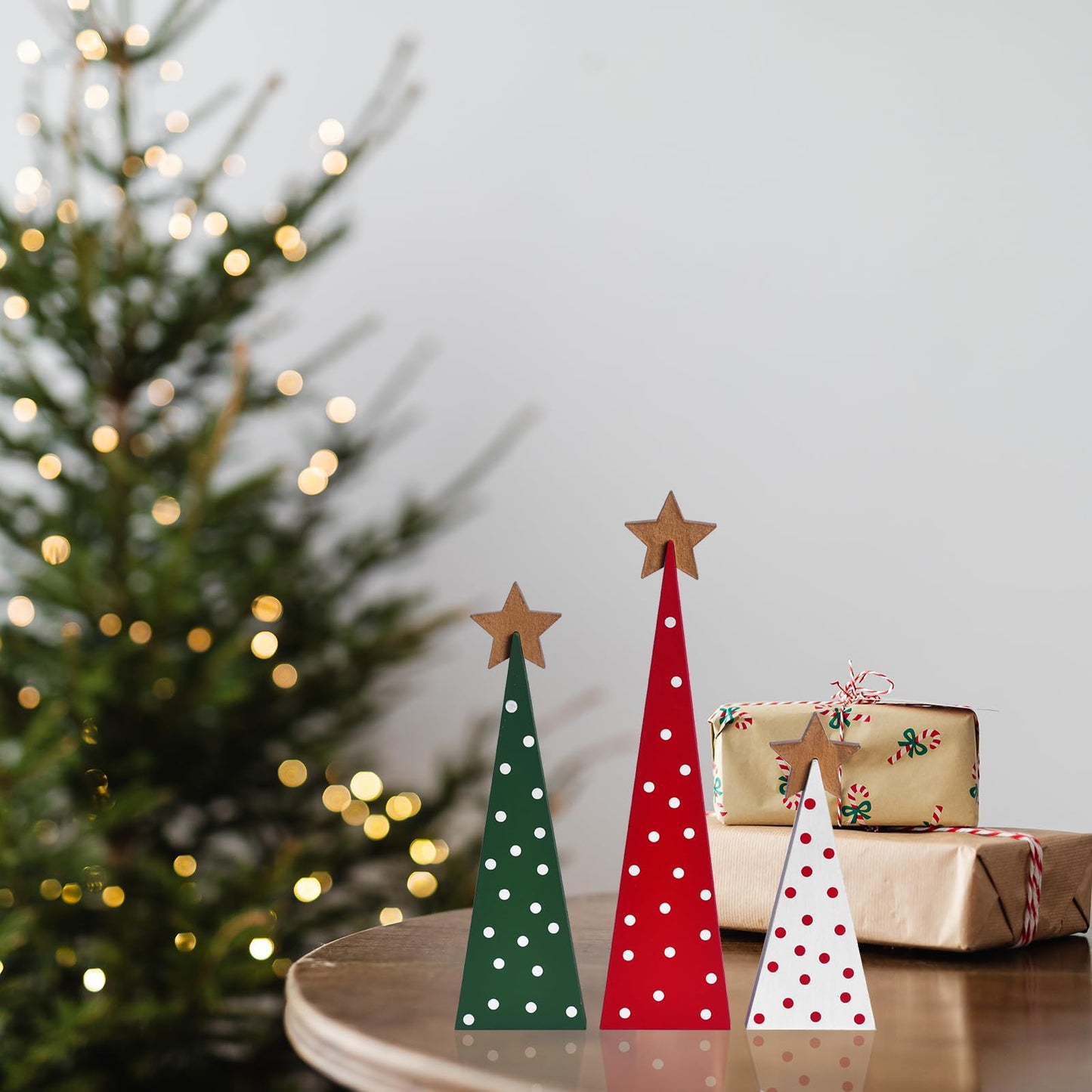 Wooden Christmas Tree Table Decor, 3PCs Rustic Wood Xmas Trees with Detachable Stars, Christmas Decorations Tabletop Shelf, Tiered Tray Centerpieces for Holiday Home Decor (Gold Star)
