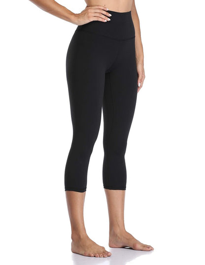 YUNOGA Women's Buttery Soft 21" Inseam Yoga Pants, High Waisted Tummy Control Workout Running Capri Leggings (L, Black)