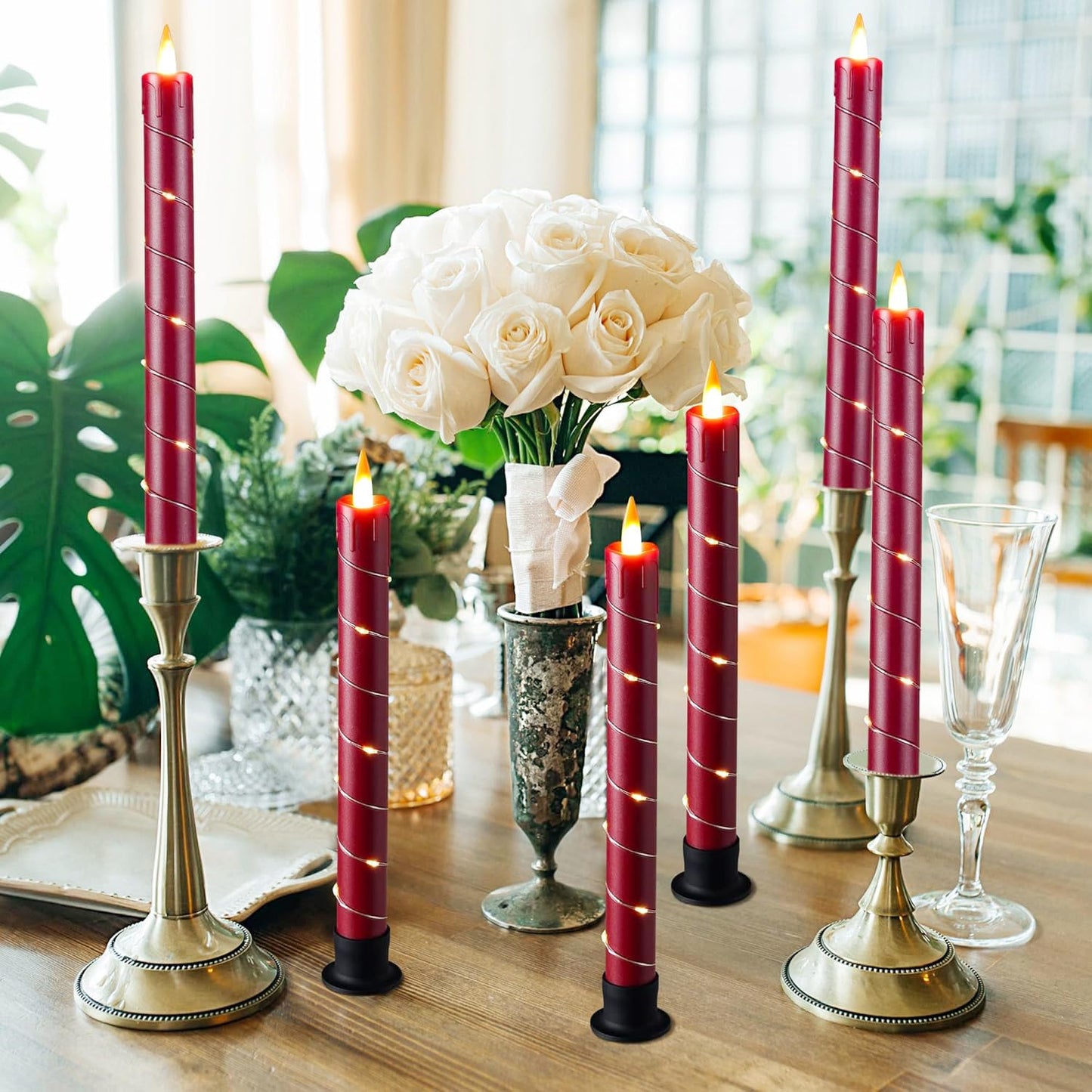 Flameless Cone-Shaped Candle, Patented with Starlight String, 11 Key Remote Control, Timer, Battery Powered, Patented Simulated Flame, 3 Packs, Christmas Home and Wedding Decoration (red)