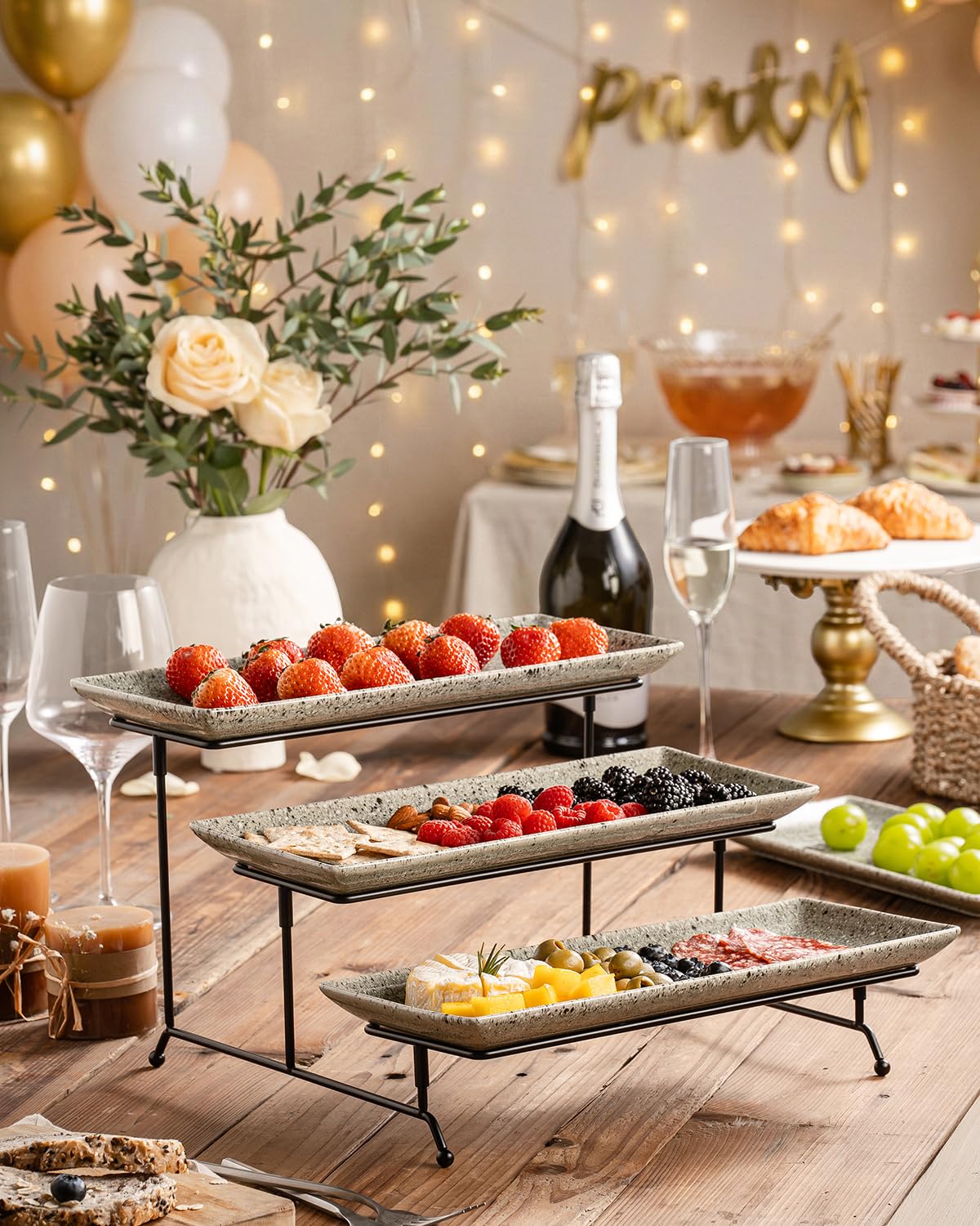 LAUCHUH 3 Tier Serving Trays for Party, 14 inch Dessert Party Display Stand Serving Platters and Trays with Collapsible Sturdier Rack for Father's Day Serving Food, Speckled Gray