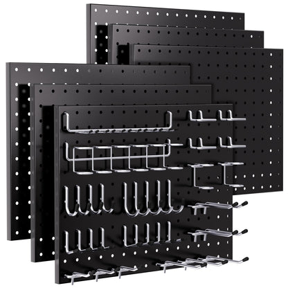 INCLY 90PCS Pegboard Wall Organizer, 6 Pack Metal Peg Board Panels with 1/4" Pegboard Hooks Accessories Kit, Black Peg Board for Walls Home, Garage Tool Storage, Workbench Organization