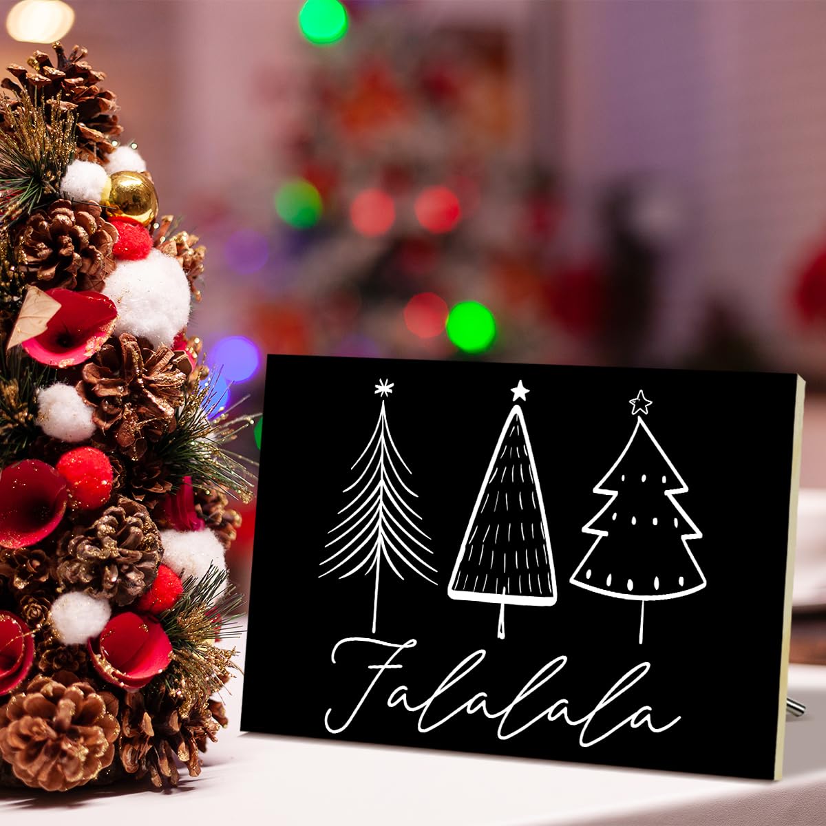 Falalala Merry Christmas Signs for Wall Decorations, Tree Wood Tabletop Decor for Table, Desk, Mantle, Shelf - Wall Art for Party Kitchen Decor - JK0386