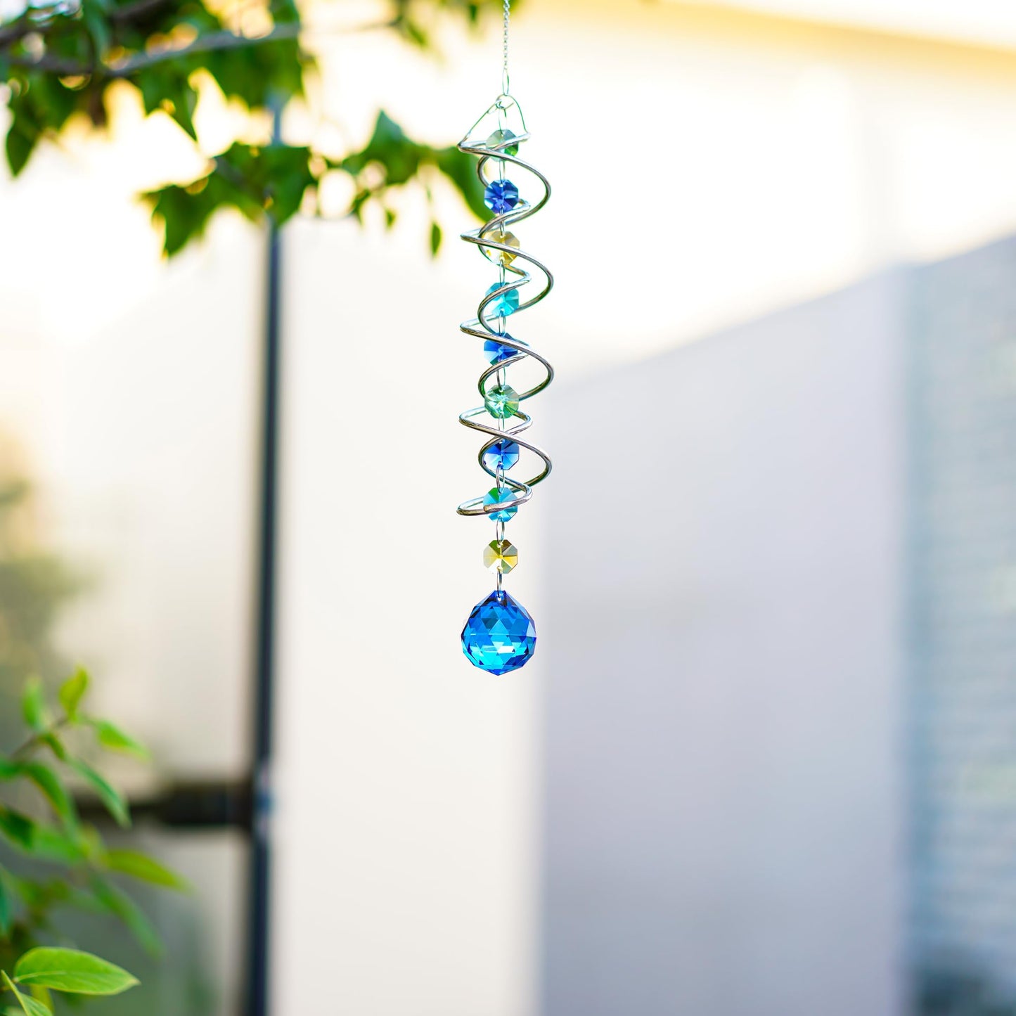 H&D HYALINE & DORA 20.5inch Gazing Ball Spiral Tail,Decorative Wind Spinner Sun Catcher,Rainbow Maker Double-Spiral W/Sea Blue Crystal Ball and Chain,Glass Crystals for Indoor Outdoor Decoration
