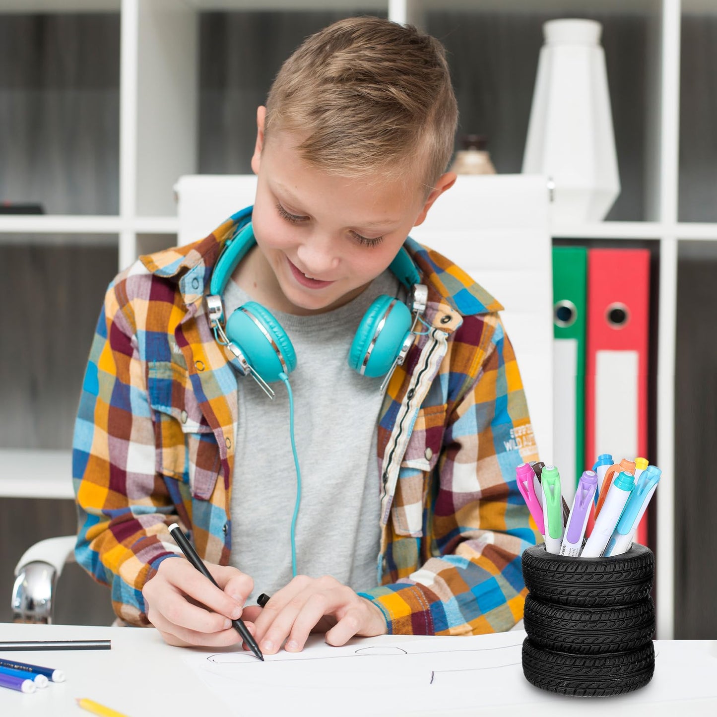 4 PCS Tire Shape Pencil Holder, Car Tire Pencil Holder, Black Pen Holder, Suitable for Classroom, School, Office, Study Room (Black)