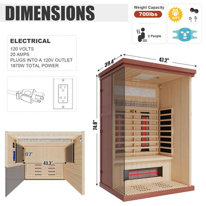 MEISSALIVVE Full Spectrum Sauna for Home, 2 Person Indoor Infrared SPA Room with 10 Minutes Warm-up Heat, Red Cedar Home Sauna Infrared Sauna with Bluetooth and Tempered Glass