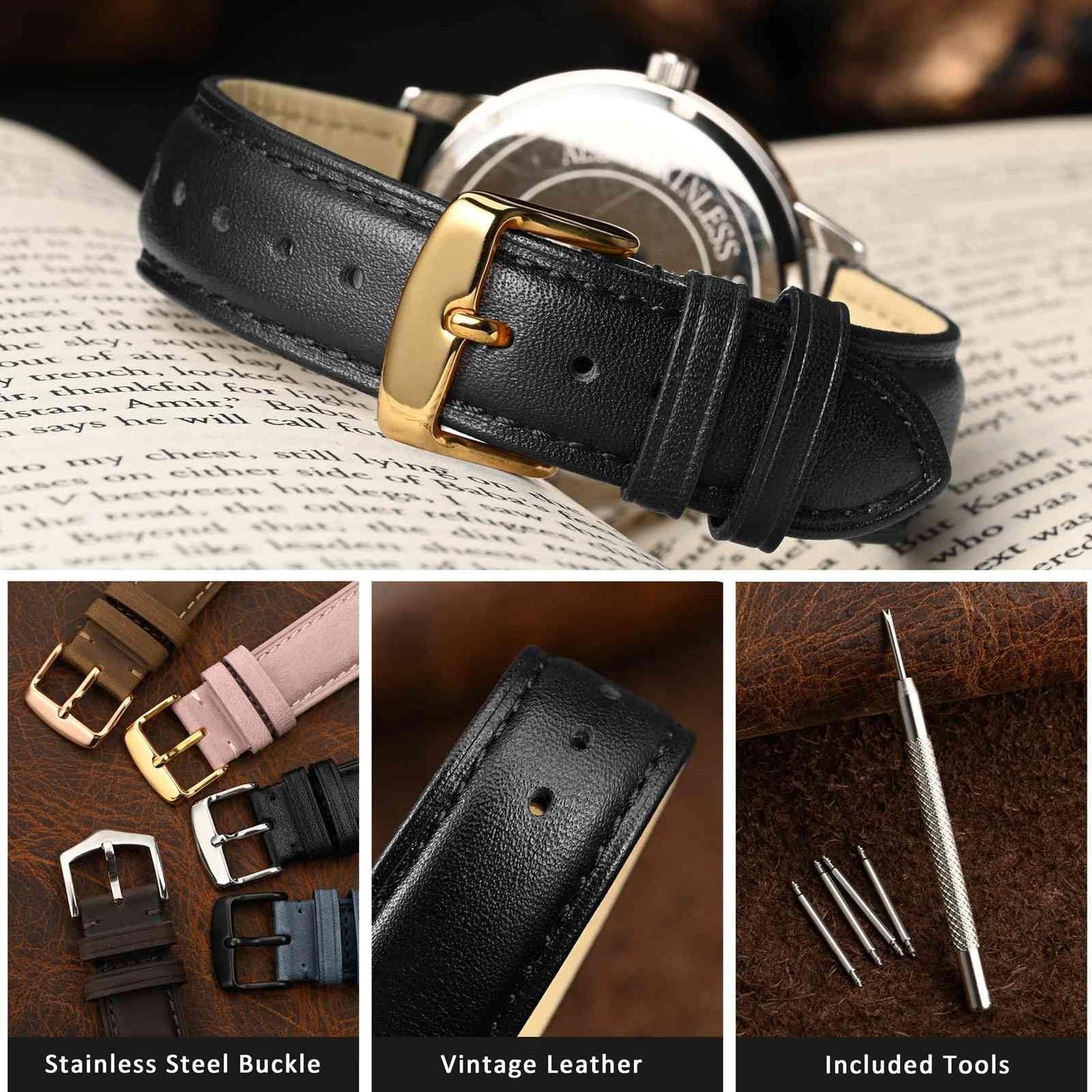 WOCCI 23mm Vintage Leather Watch Band for Men and Women, Gold Buckle (Black)