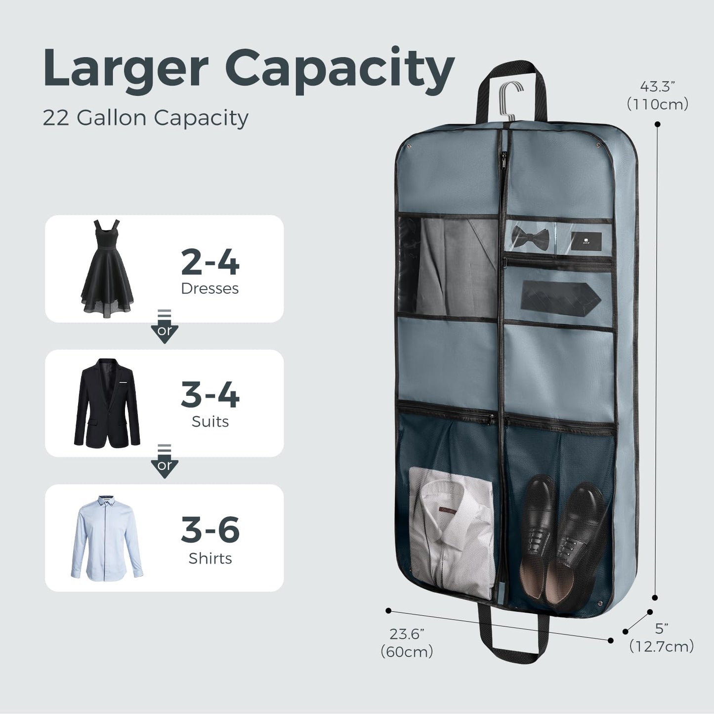 pack all 43" Premium Gusseted Travel Garment Bag, Heavy Duty Hanging Suit Bag, Foldable Dress Bag for Closet Storage, Suit Cover Protector for Clothes Shirts Dresses Coats(Grey)