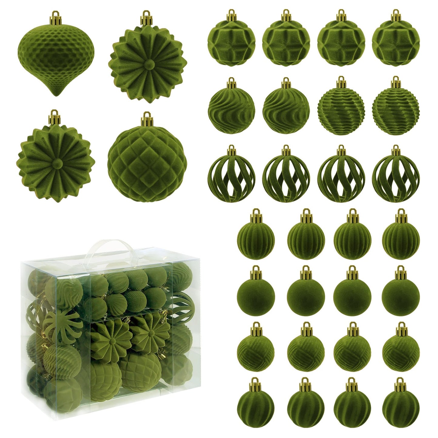 Velvet Christmas Balls 48pcs Flocked Christmas Tree Ornaments Set Shatterproof Christmas Ornaments with Hanging Rings Suitable for Xmas Tree Holiday Decor(Green)