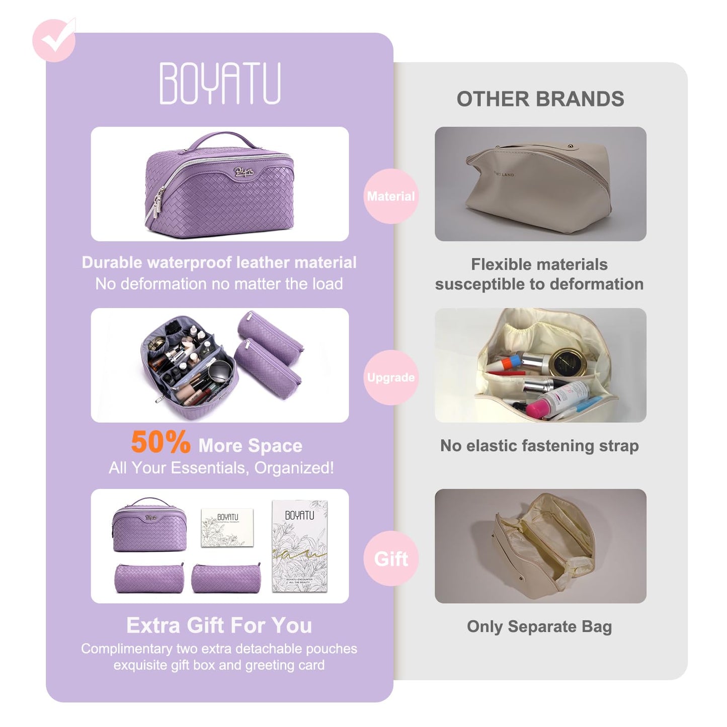 BOYATU Travel Makeup Bag Cosmetic Bags for Women: Large Capacity 3 Pcs Set Make up Bag with Compartments - Waterproof Vegan Leather Toiletry Organizer Bags with Handle (L01 Purple)