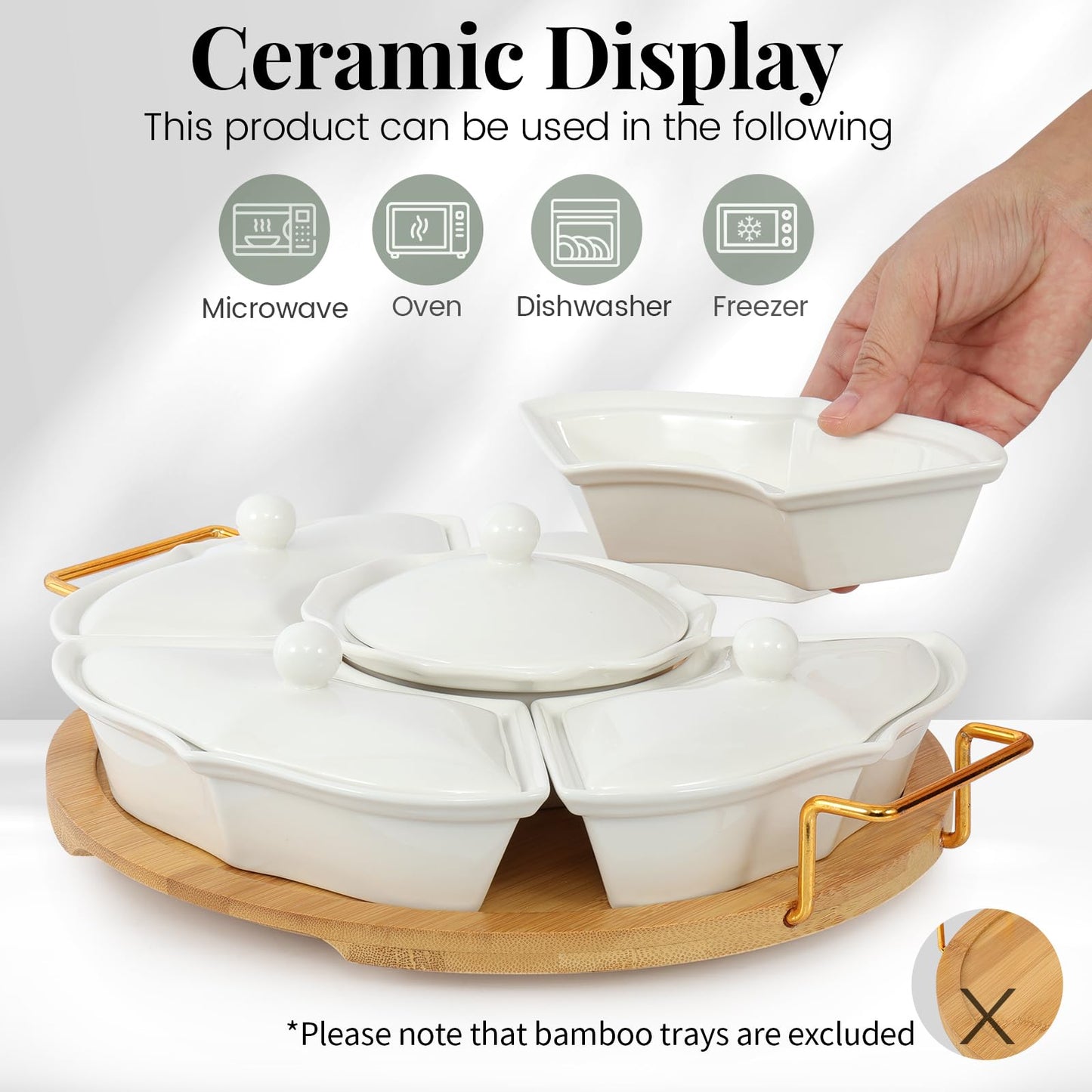 PLAPITATE Party Serving Trays and Platters, Ceramic Lazy Susan Serving Tray with Divided Sections Appetizer Rotating Serving Tray for Fruits, Veggies, Chips and Dip Serving Set