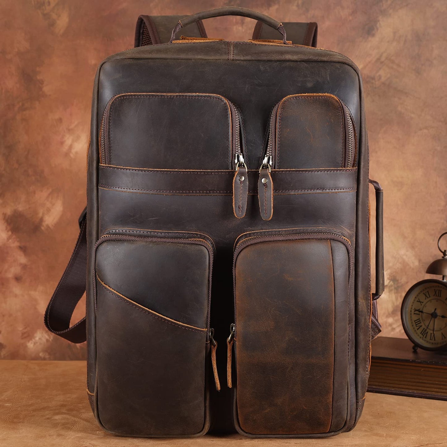 TIDING 17.3" Full Grain Leather Laptop Backpack for Men Multi Pockets Casual Daypack Business Travel Rucksack