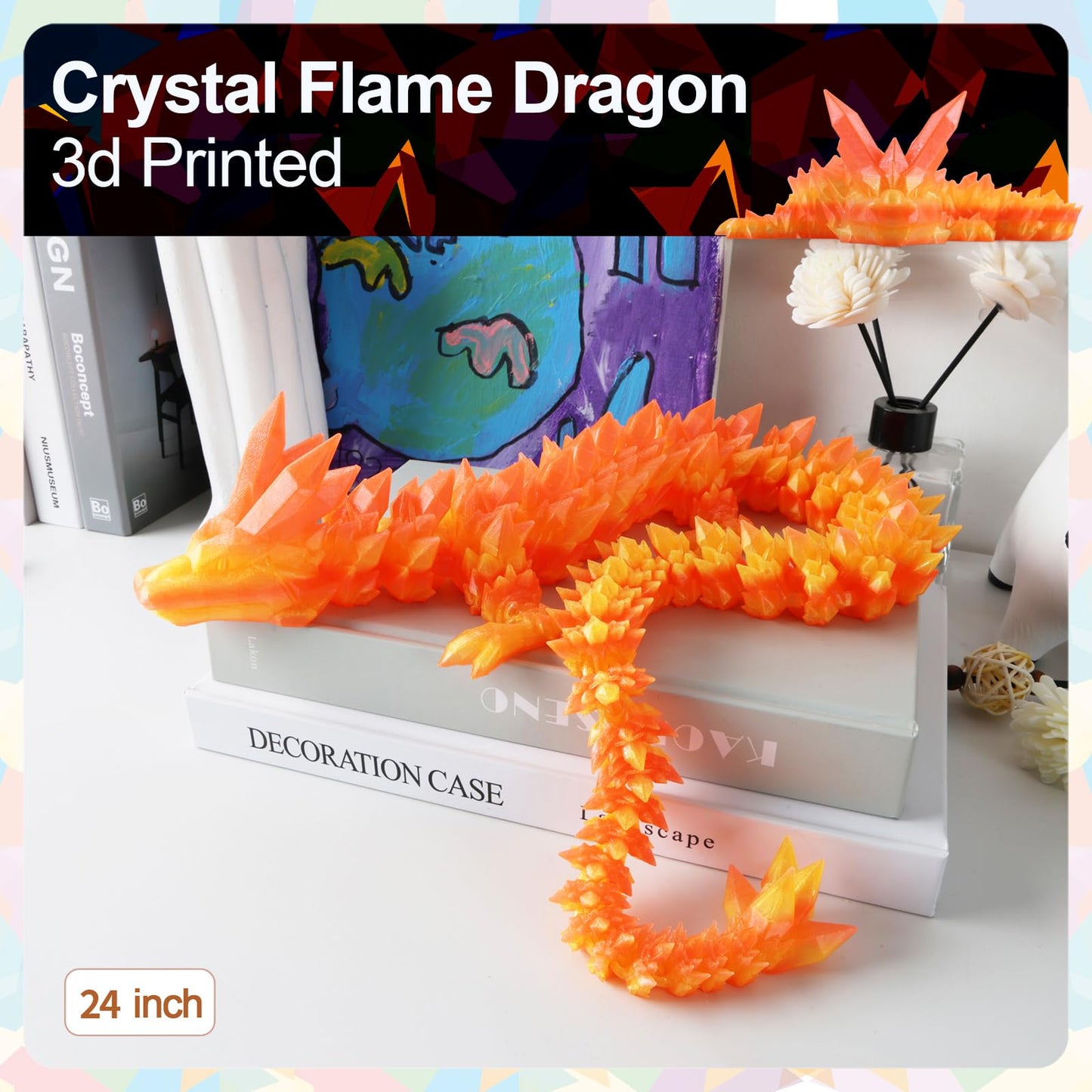 24”3D Printed Dragon Large 3D Dragon--Bigger Fidget Toy Gift for Kids, Boys, Girls & Adults,Cool Giant Crystal 3-D Printed Animals Desk Decor, Easter Basket Essentials(Flame Colour, 24inch)