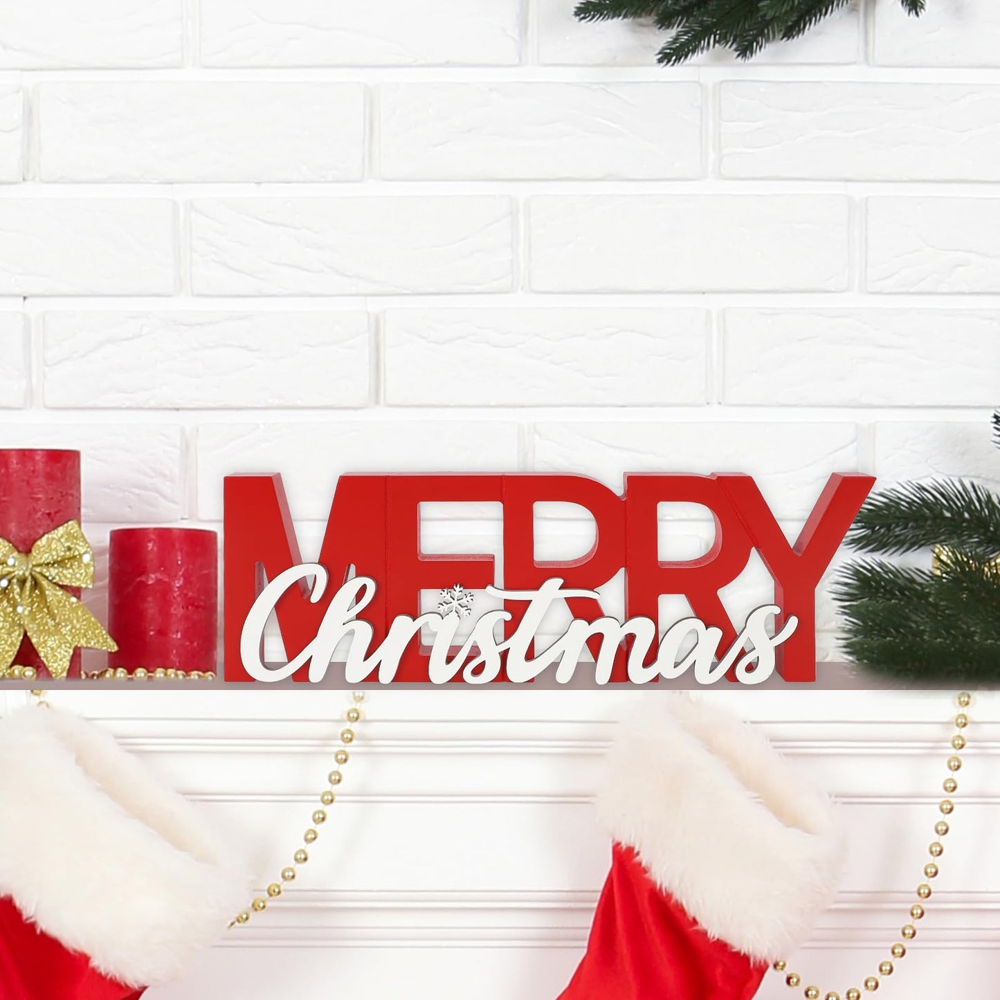 COCHIE Wooden Merry Christmas Sign, Winter Decorations for Home, Office, Shelf, Mantel, Indoor, Wood Snowflake Decor, Red White Table Top Party Decoration (Merry Christmas)