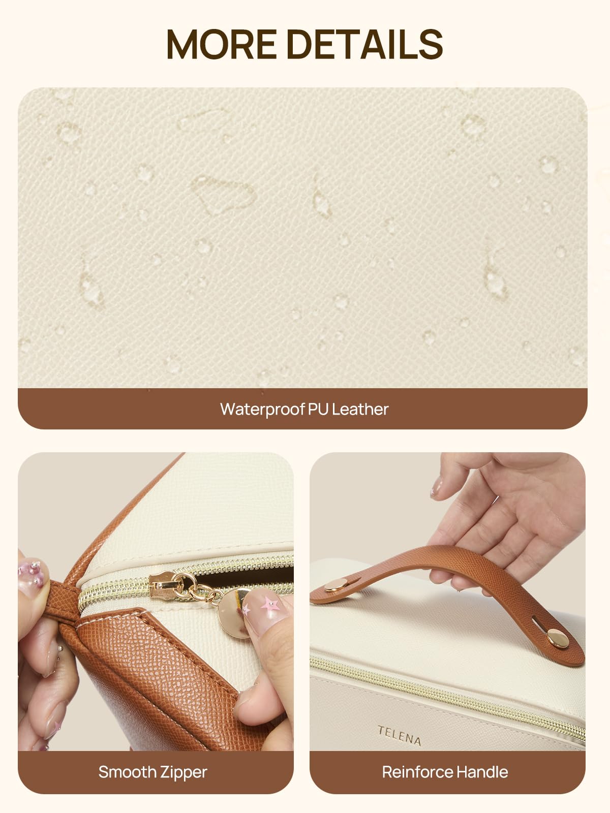 Telena Leather Make Up Bag Portable Travel Makeup Bag Waterproof Cosmetic Bags for Women Large Capacity With Handle and Divider Open Lay Flat