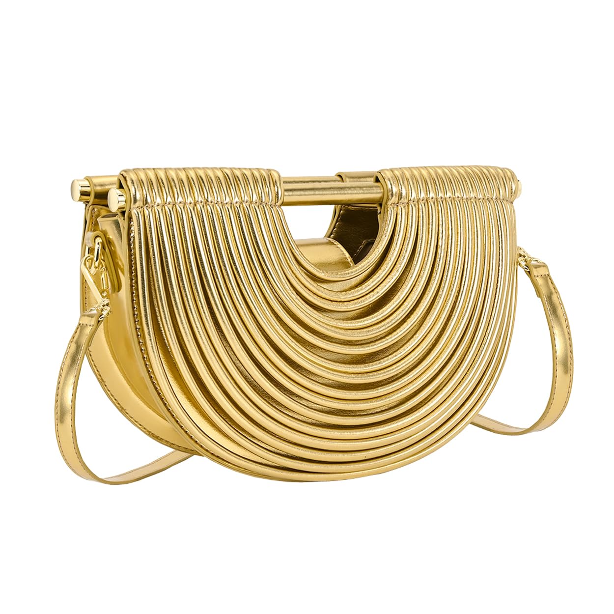 Ophlid Half-Moon Clutch Purse for Women Wedding Woven Evening Shoulder Bag Top Handle Gold Party Prom Handbag Gold