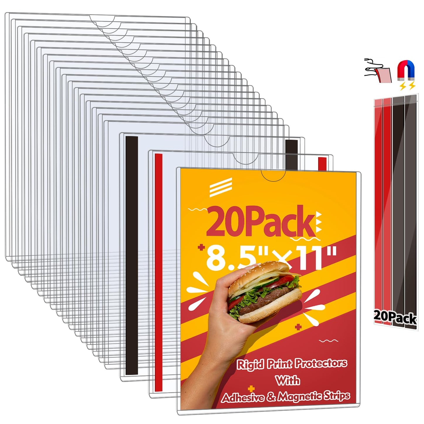 JR-MOV Magnetic Sign Holder 8.5 x 11 - Clear Plastic Frame for Refrigerator, Rigid Paper Holder for Picture Document, Adhesive Frames for Wall Window Door Sign 20 Pack