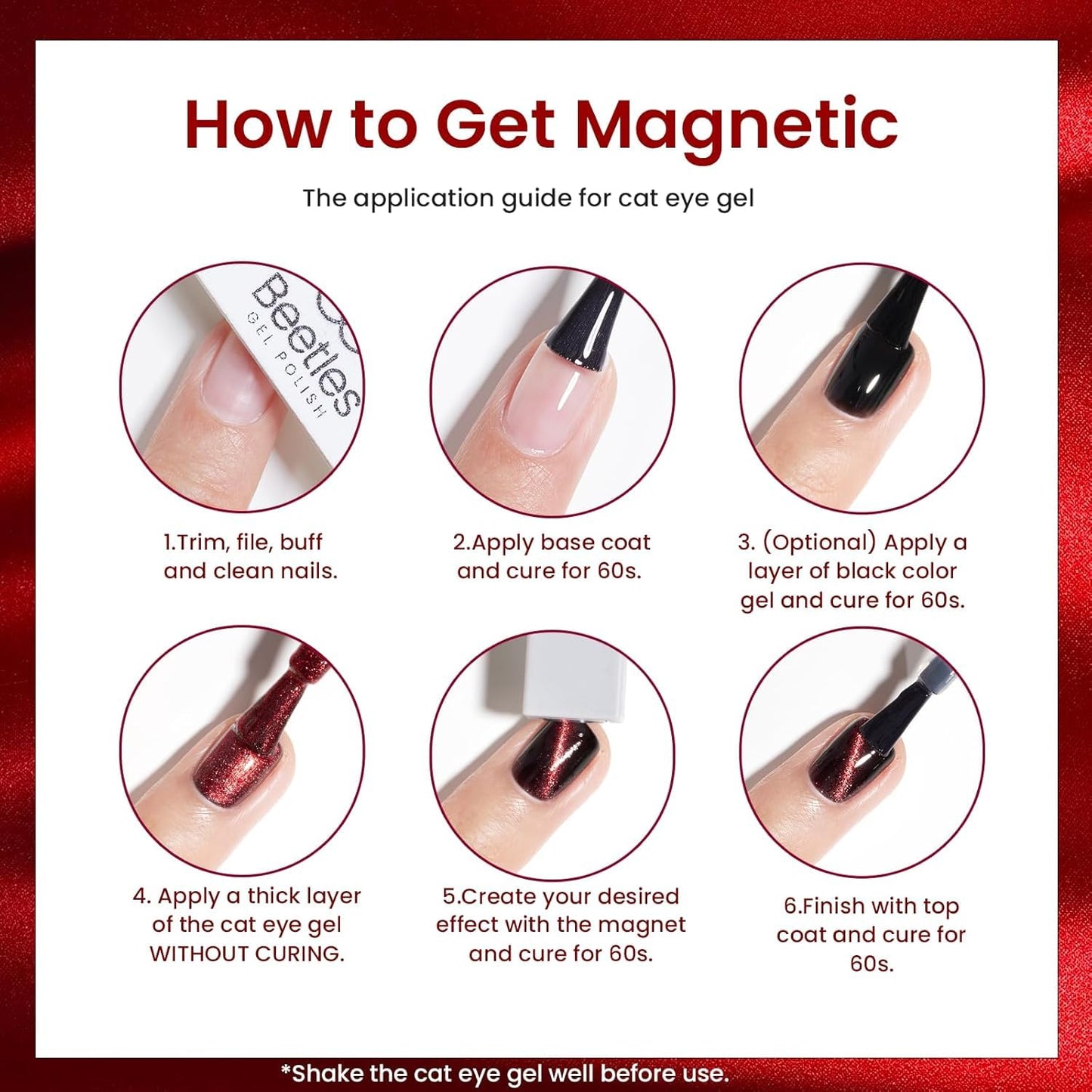 Beetles Cat Eye Gel Nail Polish Set, 6 Colors Glitter Red Pink Shiny Brown Burgundy Purple Blue Green Magnetic Effect Sparkle Stunning Nail Gel Polish Kit Soak Off UV Manicure Gifts for Women