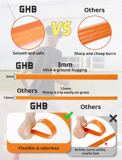 GHB Pro Agility Ladder Soccer Kick Trainer Set 20ft 12 Rung 10 Cones and 4 Stakes Speed Agility Football Training Equipment with Carrying Bag (Orange)