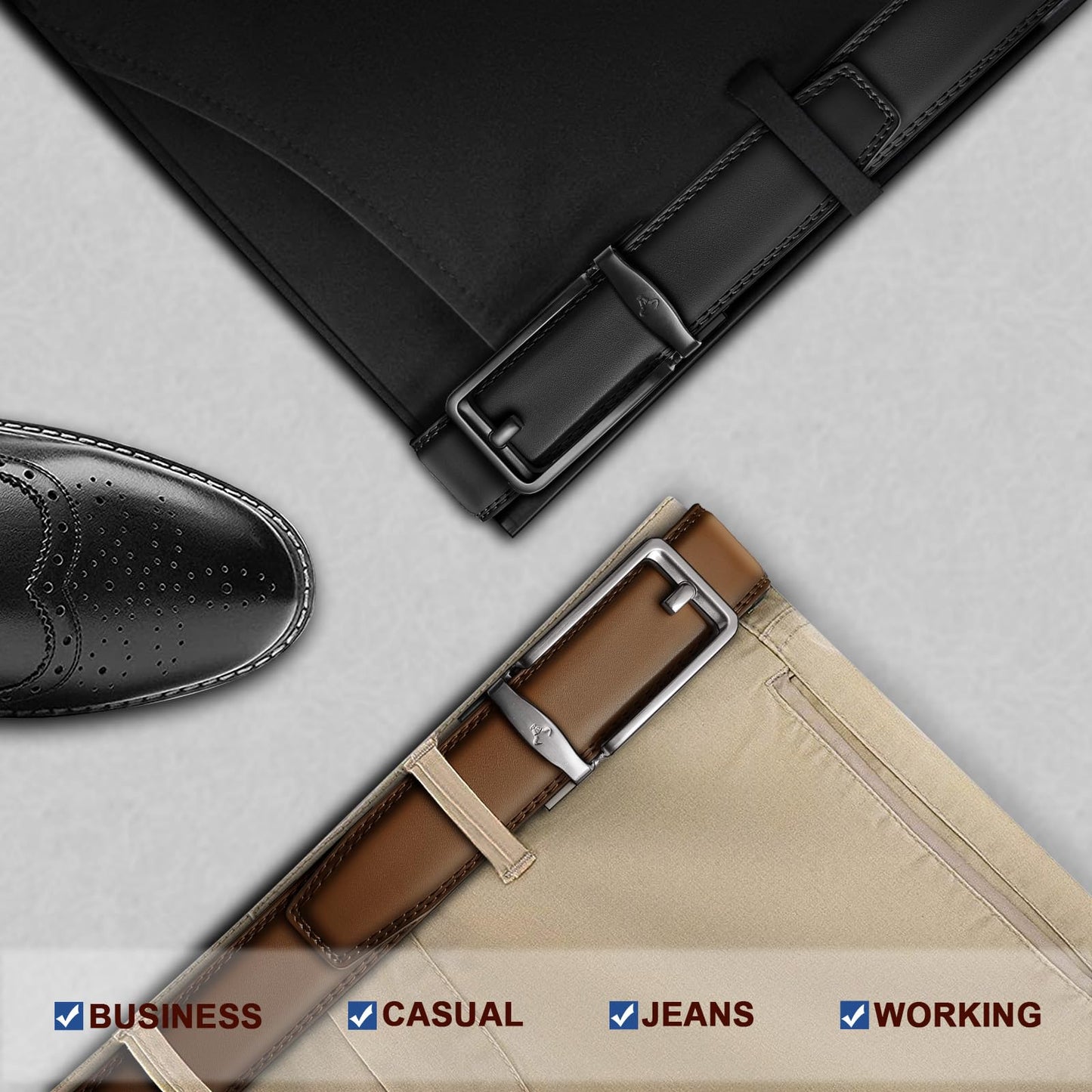 BULLIANT Men Ratchet Belt 2 Pack, Click Sliding Leather Belt Adjustable for Gift Men Dress Casual Jeans 1 3/8,Cut for Fit(Black/Tawny,32"-38" Waist Adjustable)