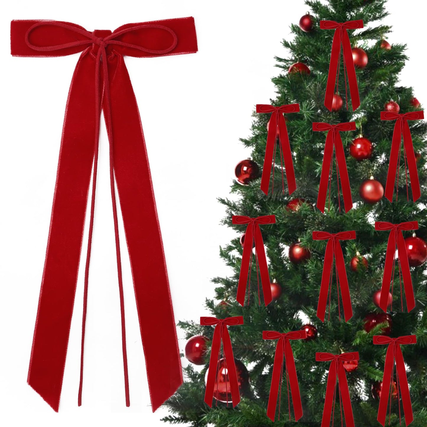 12Pcs Red Velvet Ribbon Bows Christmas Tree Decorations,5in x 10in Xmas Ornaments for Tree Home Party Front Door Wreath Holiday Decor