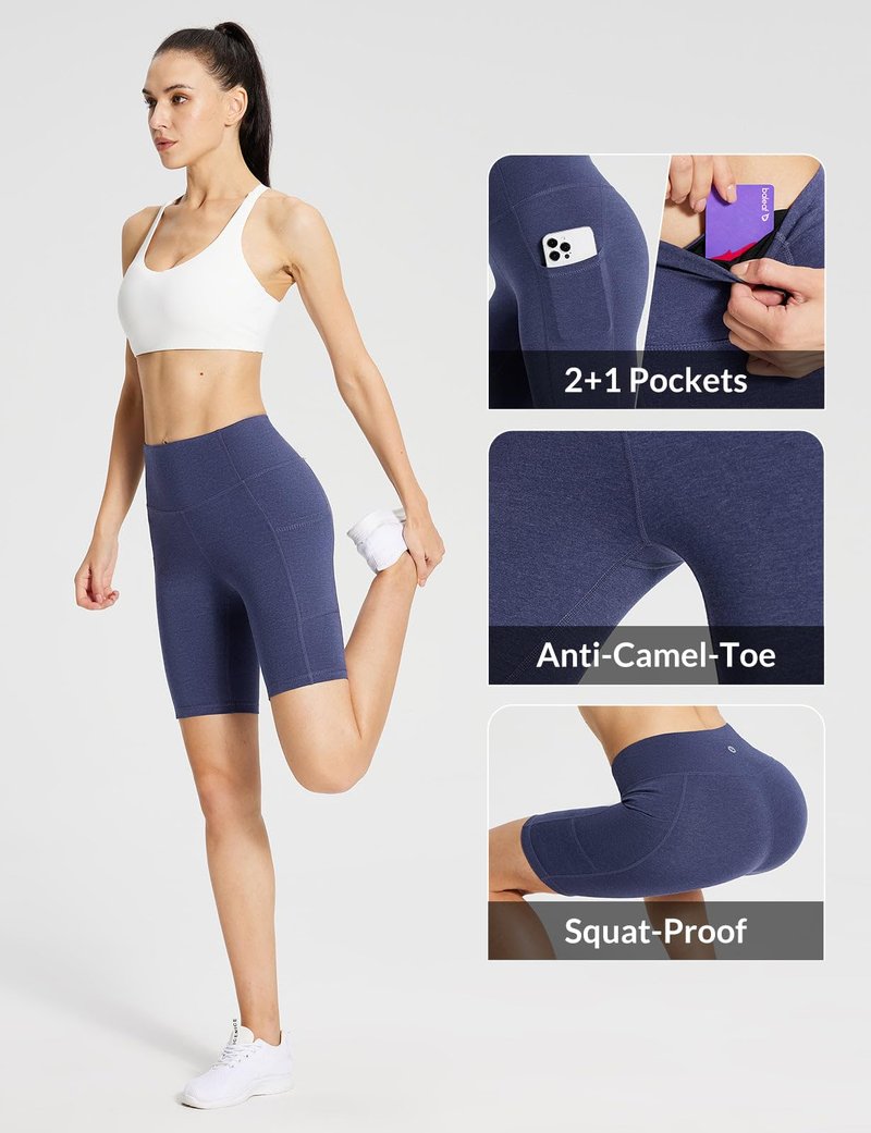baleaf Biker Shorts Women Yoga Gym Workout Spandex Running Volleyball Tummy Control Compression with Pockets 8" Heather Blue XS