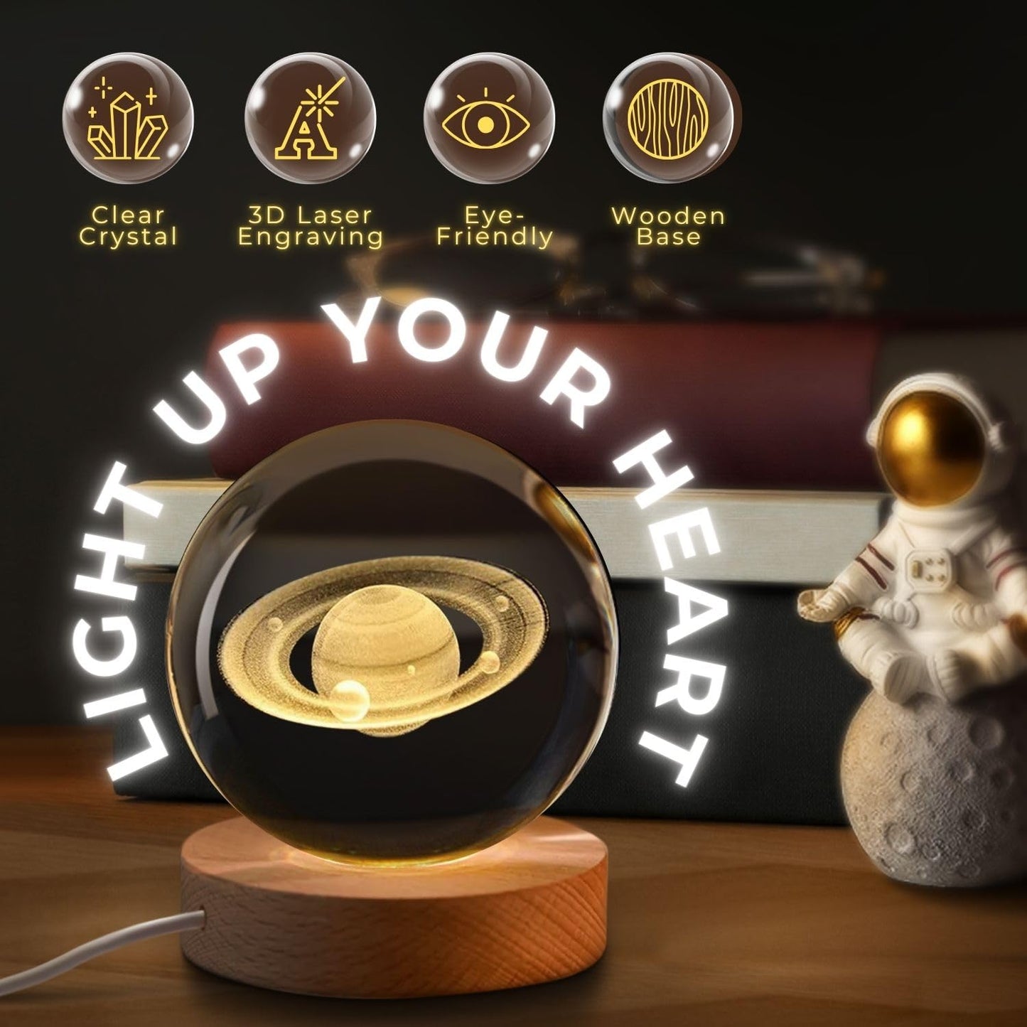 Flexzion 3D Saturn Crystal Ball Night Light - LED Light Hologram Glass Lamp with Solid Wood Base, USB Powered Crystal Ball Lamp with Adjustable Brightness for Home Decor Display Gift, 2.4inch(60mm)