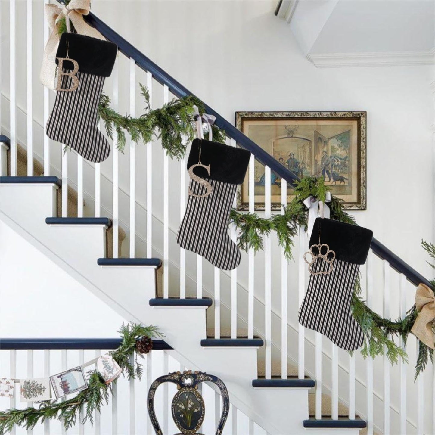 JKSVE 20 Inch Black Vertical Stripe Christmas Stocking, Personalized Gold Wooden Initial Monogram Christmas Stocking,Christmas＆Halloween Holiday Party Decor（I）
