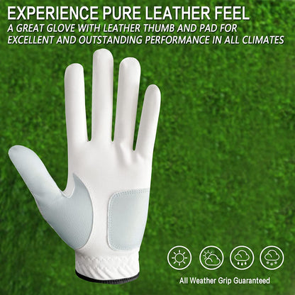 Amy Sport Golf Gloves Men Left Hand Right Handed Golfer 3 Pack with Ball Marker Soft Leather Weathersof Grip Mens Glove Size S M ML L XL XXL 3XL (3 Pack-White, Large, Worn on Left Hand)