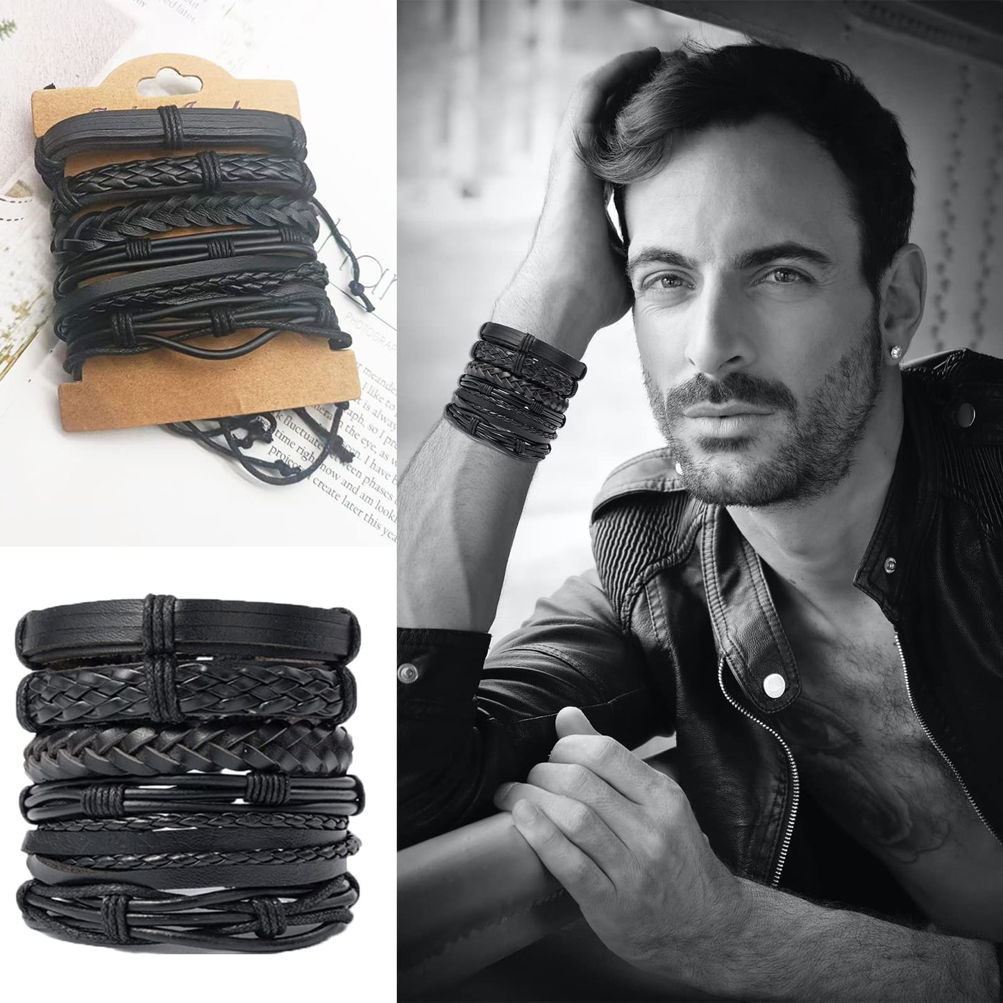 SONNYX 44 Pcs Braided Leather Bracelets for Men Women Woven Cuff Wrap Bracelets Hemp Cords Wood Beads Ethnic Tribal Bracelets Adjustable Leather Wristbands