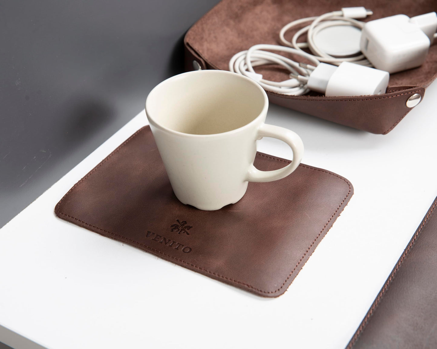 VENITO Leather 3-in-1 Desk Mat Set – Desk Mat (32"x16"), Organizer Tray & Cup Coaster – Full-Grain Leather Desk Pad for Office & Home – Elegant Workspace Accessories for Men & Women, Brown