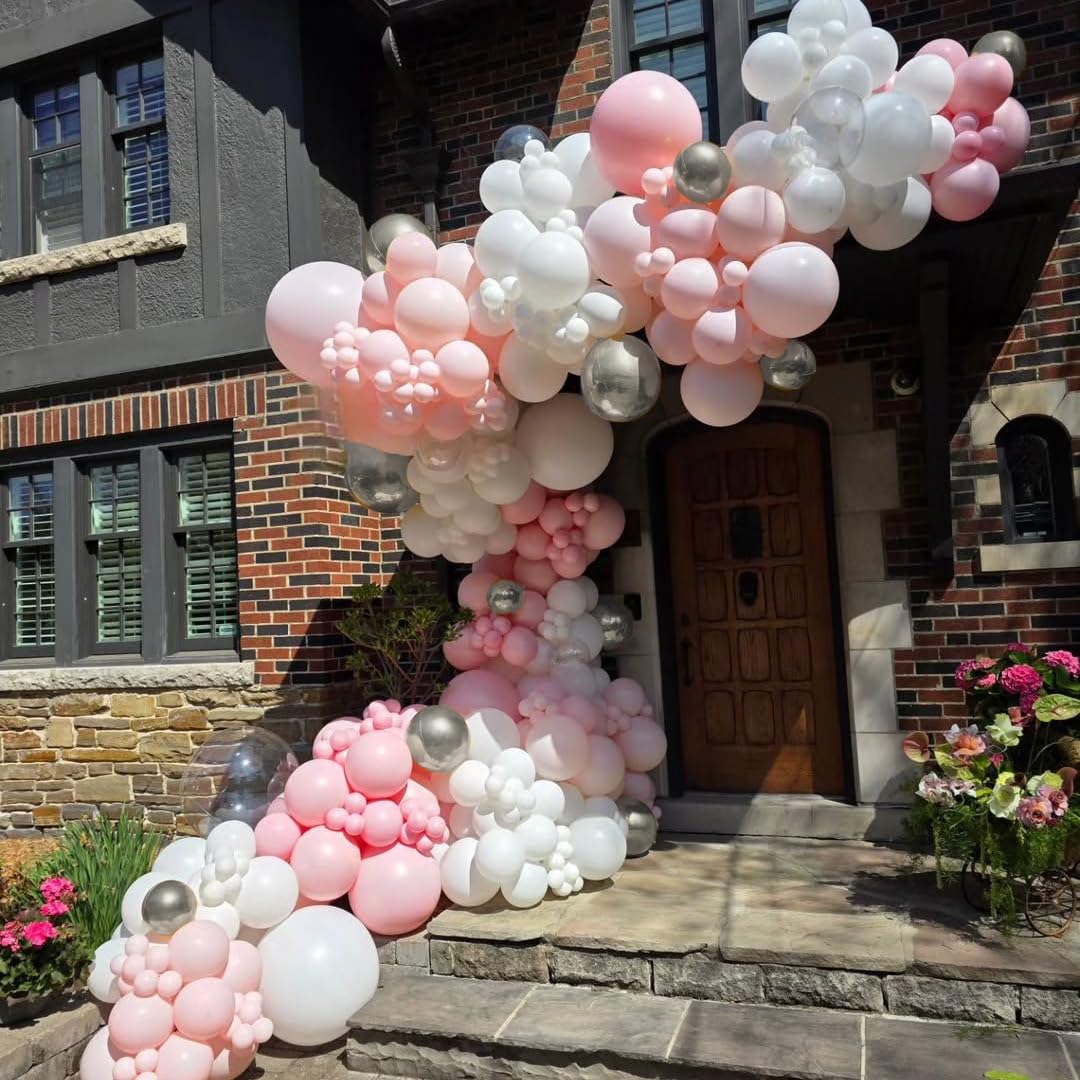 Pink White Silver Balloons Arch Kit, 162pcs Winter Wonderland Garland with Pastel Pink White Metallic Silver and Confetti Balloons for Wedding Princess Snowflake Theme Birthday Party Decorations
