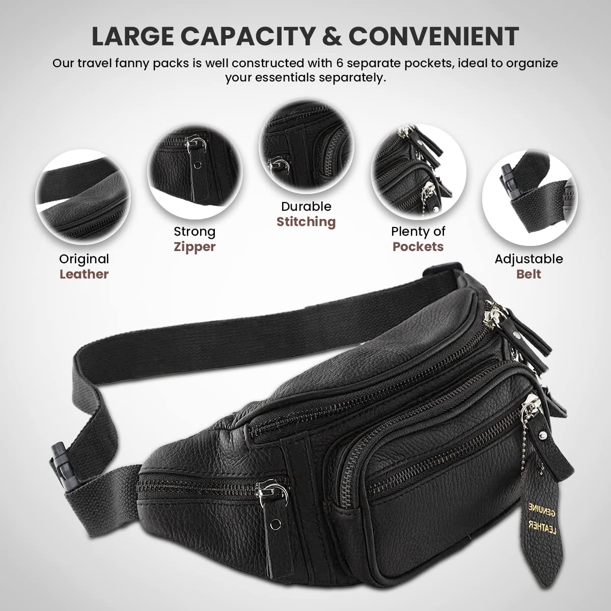 Fanny Pack Waist Bag Multifunction Genuine Leather Hip Bum Bag Travel Pouch for Men and Women- Multiple Pockets & Sturdy Zippers Ideal for Hiking Running And Cycling