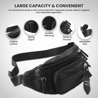 Fanny Pack Waist Bag Multifunction Genuine Leather Hip Bum Bag Travel Pouch for Men and Women- Multiple Pockets & Sturdy Zippers Ideal for Hiking Running And Cycling