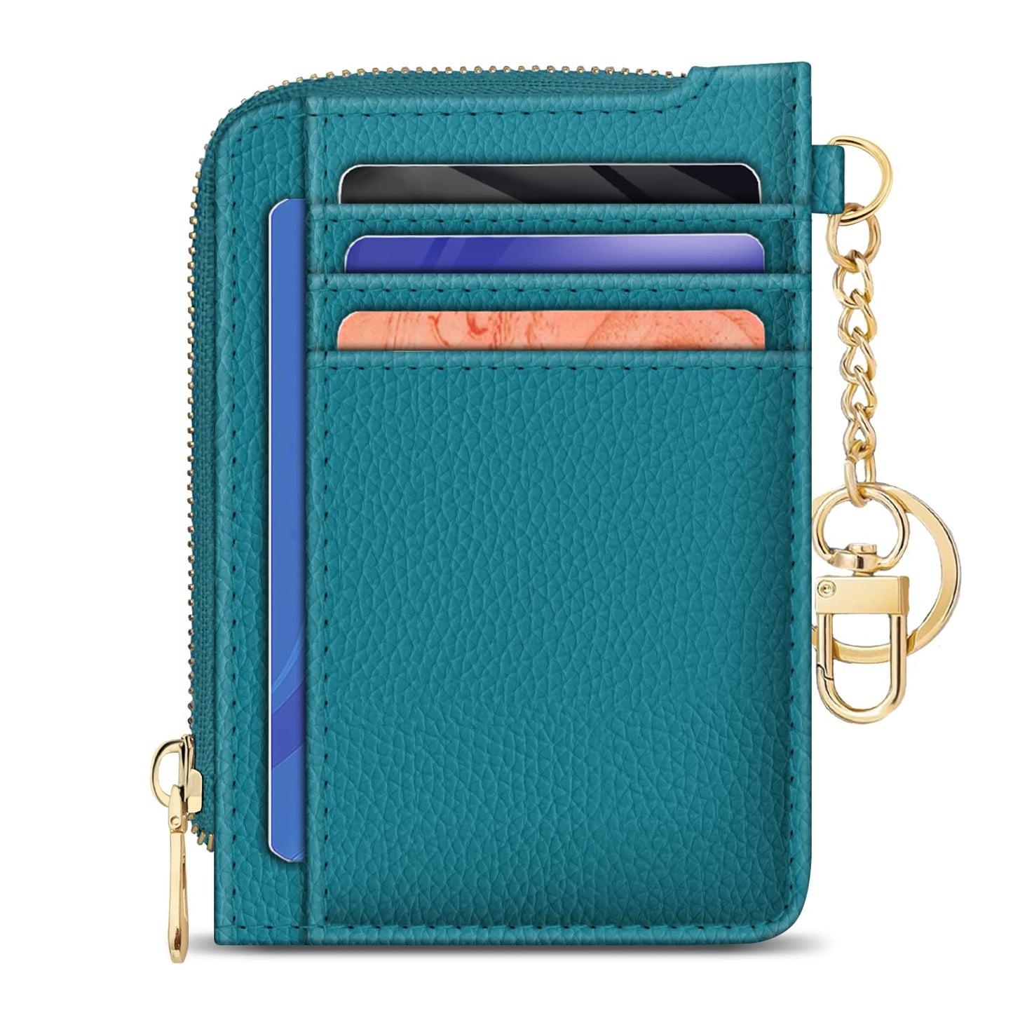 GIANCOMICS Slim Wallet Credit Card Holder Women, Peacock Blue Rfid Blocking Small Card Case, Keychain Thin Pocket Curved Zipper Wallet, Travel Card Holder PU Leather ID Window, Ladies Female Gifts