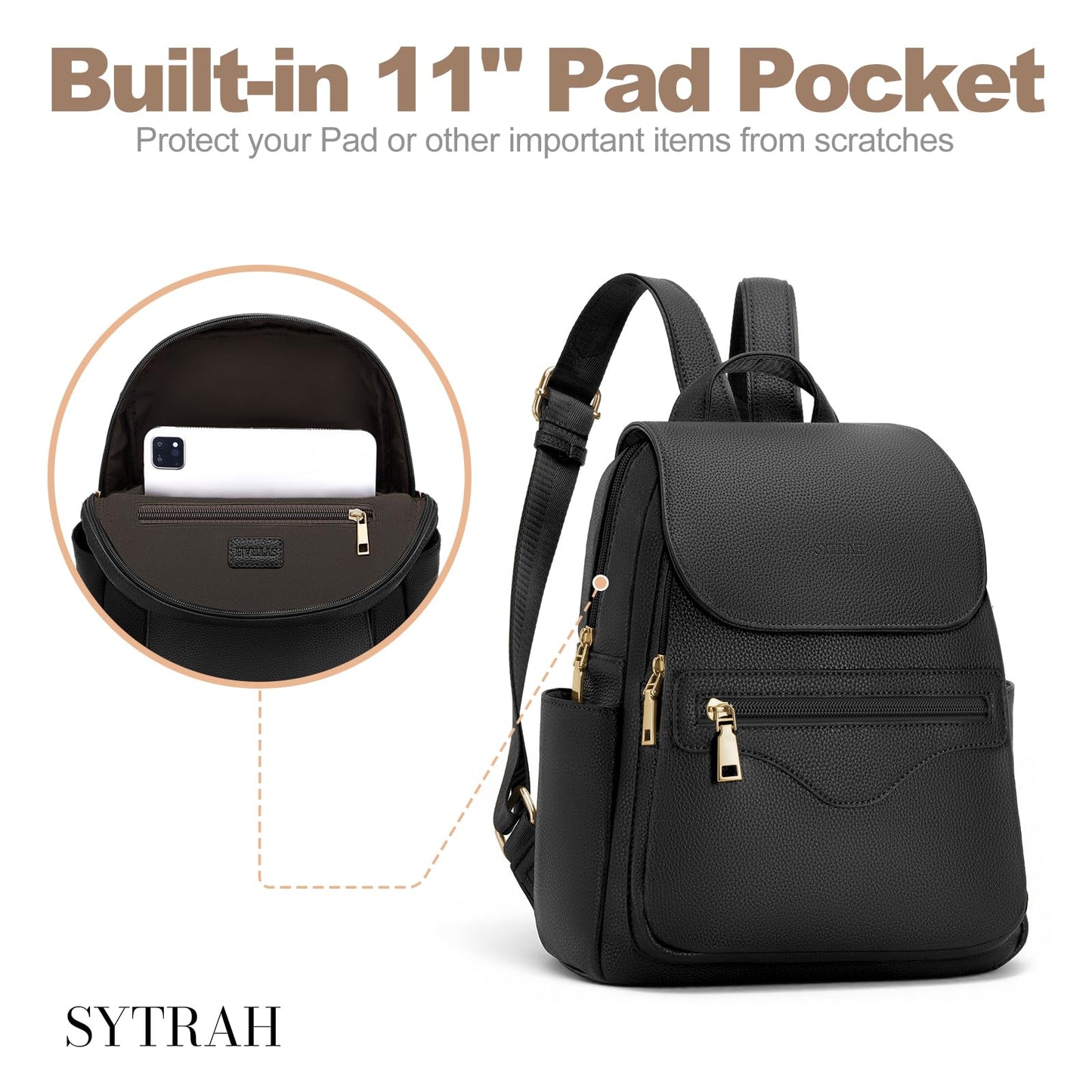 SYTRAH Mini Backpack Purse for Women, Causal Small Backpack with Built-in RFID Wallet & 11" Tablet Sleeve, Stylish Travel Daypack for Daily Black