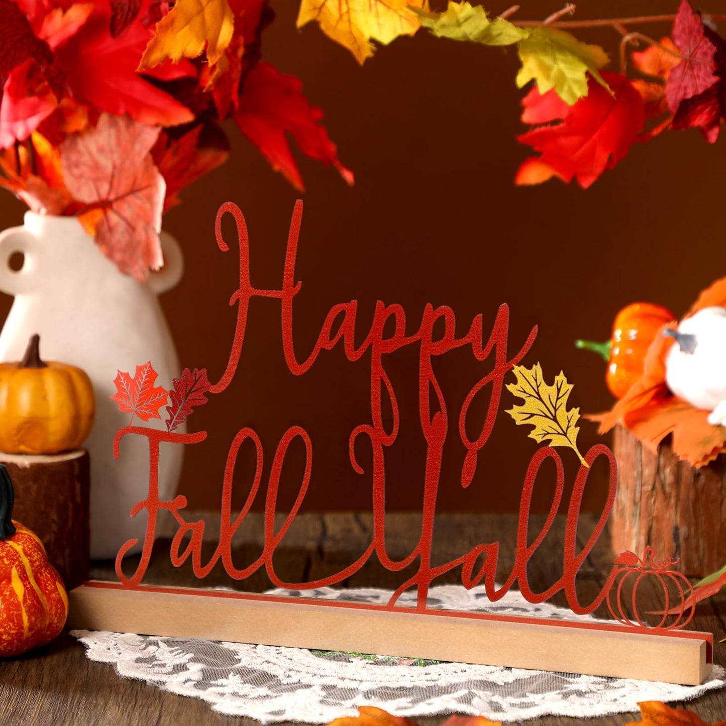 Yaocom 13.78 Inch Thanksgiving Fall Table Sign Happy Fall Y'all Metal Letter Decor Autumn Freestanding Tabletop Decoration with Wood Base Cutout Word Sign for Home Centerpiece Mantel Shelf Fireplace