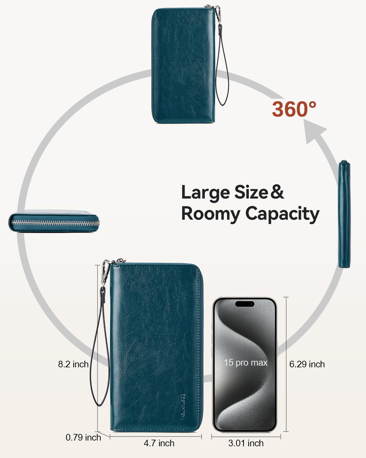 BOSTANTEN Leather Wallet for Women RFID Blocking Zip Around Credit Cards Holder Phone Clutch Peacock Blue