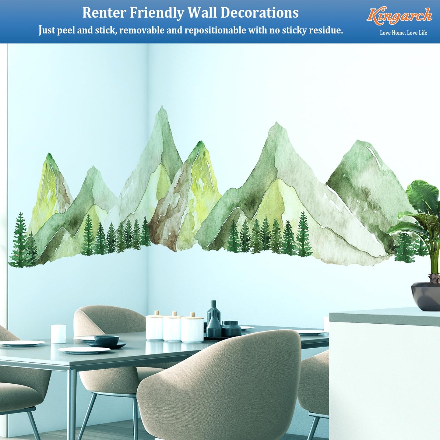 Large Mountain Wall Decals, Green Pine Tree Peel and Stick Vinyl Wall Stickers & Murals, Removable Home Room Wall Decor for Bedroom Living Room Bedroom Classroom Office Nursery