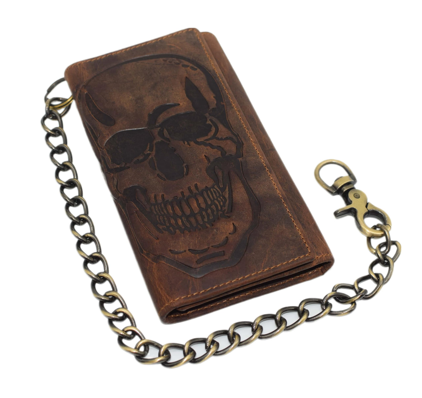 CAZORO Biker Skull Chain Wallet RFID Signal Blocking Men's Vintage Leather Long Tri-fold Chain Checkbook Card ID Wallet (Skull Brown)