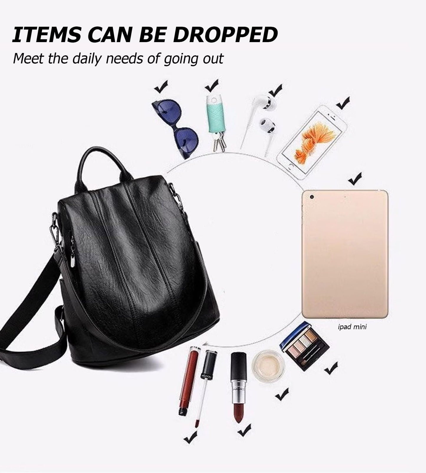 myfriday Vintage Faux Leather Backpack for Women, Soft Rucksack Backpack with Anti-Theft Pocket Convertible Shoulder Handbag (Black)
