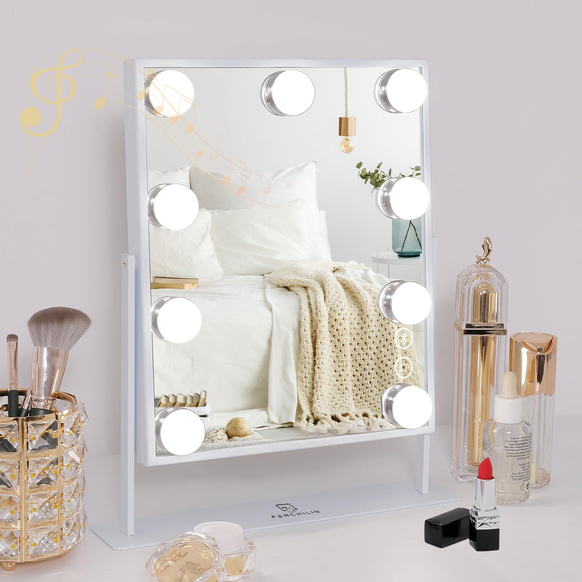 FENCHILIN Vanity Mirror with Light Lighted Makeup Mirror Vanity Makeup Mirror Smart Touch Control 3Colors Dimable Light Detachable 10X Magnification 360°Rotation(White)