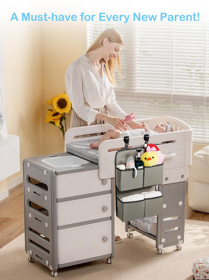 KIKJOK Hanging Diaper Organizer for Crib/Playpen/Bassinet – Hold 80+ Diapers - 4 Deep Pockets-H19in x L15 in Changing Table Diaper Holder - Hanging Diaper Stacker Nursery Caddy Organizer - Grey