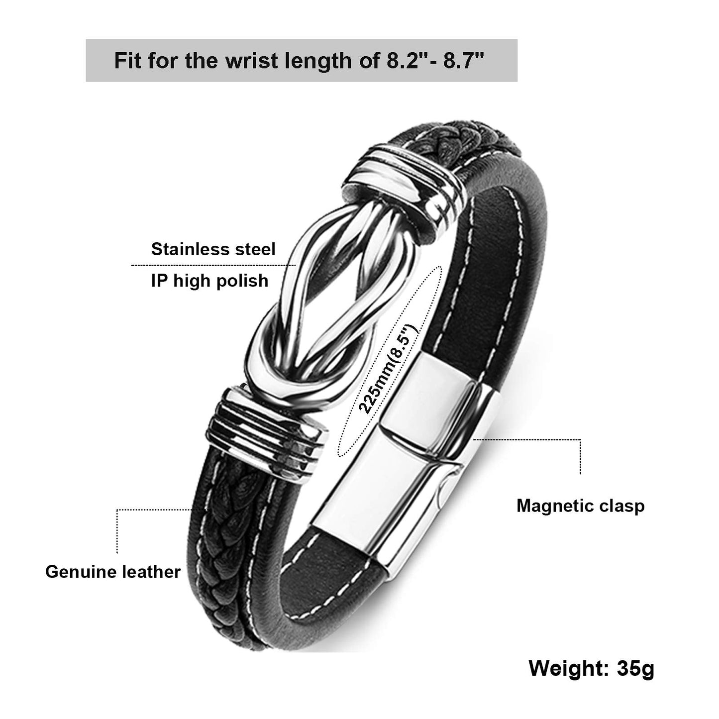 LJWVX Mens Leather Bracelet,Braided Leather Wristband Cuff Bracelets Stainless Steel Clasp,Jewellery Gift for Men Black 8.5inch