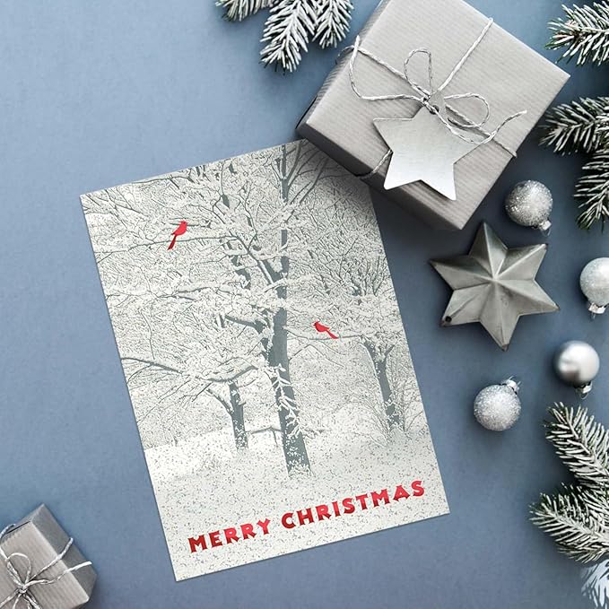 Masterpiece Snowy Trees And Cardinals Christmas Cards / 15 Winter Holiday Cards Set With Glitter And Red Foil With White Envelopes / 5 5/8" x 7 7/8" Sparkling Snow Greeting Cards With Inside Verse